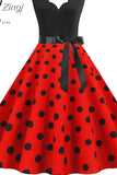 Dot Print Vintage Women Summer Dress Black Patchwork Sleeveless V neck Elegant Party Dresses Casual Robe