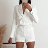 Elegant Ofiice Ladies Tweed White Notched Collar Spring Blazer Za Double Breasted Jacket Women Outerwear Chic Top Crop