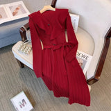 Winter Warm Knitted Dress For Women High Quality Ruffle Patchwork Retro High Waist Pleated Dresses Ladies Temperament