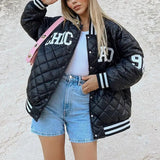 Women Argyle Letter Embroidery Down Jacket Quilted Coat Casual Streetwear Outerwear Lined Coat Padded Bomber Jackets
