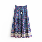 Queens Women Beach Floral Print Tassel Bohemian Skirts High Elastic Waist A-Line Boho Maxi Skirt