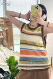 Loose O Neck Thin Tops Knitted Summer Sleeveless Sueter Vests Women Contrast Color Striped Sweaters Vest Korean