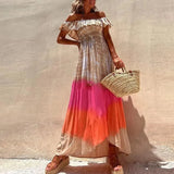 Backless Bohemian Dress New Summer Gradient Tie Dye Printed Long Dresses Casual Holiday Women Slash Neck High Waist