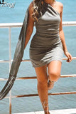 2023 Asymmetric Short Dresses For Women Fringed Off Shoulder Mini Dress Woman Ruched Sleeveless Sexy Summer Party