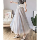 Tulle Skirts Women High Waist Mesh Pleated Midi Skirt Korean Fashion Female Elegant Loose Casual All Match A Line