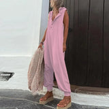 Button Sleeveless Beach Romper Simple Solid Cross-pants Lady Playsuit Women Casual Loose Hooded Jumpsuit Summer