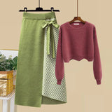 Women Autumn Winter Warm Knitted Two Pieces Sets Korean Long Sleeve Pullover Sweater Top And High Waist Skirts