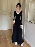 Striped V-neck Long-sleeved Dress Women Fall Clothes Vintage Robe Casual Loose Dresses Korean Fashion Vestidos De
