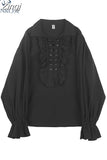 Fashion Vintage Gothic Shirt Women Flare Sleeves Ruffles Oversize Club Party Evening Girl Lolita Black Blouse V-neck