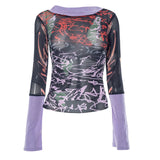 Women's Summer Y2K Vintage Sheer See-through Slim Tops Long Sleeve Round Neck Pattern Print Mesh Patchwork