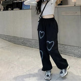 Pure Cotton Sweatpants Women Heart Print Joggers Hip Hop Streetwear Oversized Wide Leg Pants Harajuku Korean Trousers