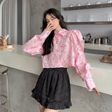 Y2K Printing Shirt Korean Sweet Puff Sleeve Crop Tops Fashion Turn Down Collar Long Sleeve All Match Harajuku Blouses