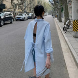 Backless Long Sleeve Collared Shirt Blue White Fall 2021 Womens Fashion Button Up Long Shirt Designer Top And