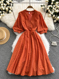 Women Green/Orange/White Hollow Out Midi Dress Elegant V-Neck Puff Short Sleeve High Waist Party Robe Female Vestido