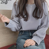 Solid Lantern Sleeve Blouse Women Fashion Casual Office Lady Chiffon White Shirt Tops Spring Korean O-neck Basic