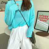 Women Summer All-match Skinny Sunproof O-neck Cute Candy Colors Fashion Korean Style Long Sleeve Tops Casual