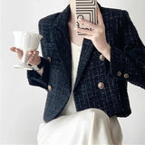 Vintage Black Blazers Women Elegant Short Jacket Korean Autumn Winter Tweed Cropped Suit Coat Tops Retro Casual