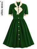 Vintage Midi Dress Women Summer 50s Bow Collar Elegant Office Casual Button Shirt Jurk Ladies Retro Rockabilly