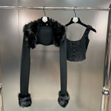 2022 Autumn Single Breasted Buttons Vest Tank Top Faux Fur Collar Crop Coat Black Two Piece Set Cardigans Women