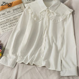 Sweet White Shirt Women Korean Lace Up Peter Pan Collar Blouses Spring Autumn Elegant Office Work Long Sleeve Ladies
