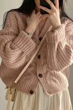 Solid V Neck Puff Sleeve Cable Knit CardiganOutfit