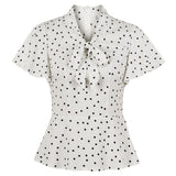 Vintage Chic Women Blouse Office Casual White Bow Polka Dot Print 2022 Short Sleeves Summer 1950s Shirt Female