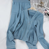 Women Stylish Suit Lady Chic V Neck Zipper Long Sleeve Coats Causl Long Pants Solid Knitting 2 Piece Set Autumn Winter