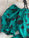 Vintage Slash Neck Off Shoulder Printed Dress Elegant Puff Short Sleeve High Waist A-Line Spaghetti Strap Vestidos