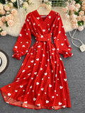 Women Red/Yellow/Green Printed Midi Dress Vintage V-Neck Flare Long Sleeve High Waist A-Line Vacation Bandage Vestido