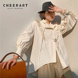 Spring 2021 Cotton Lantern Sleeve Designer Shirt Long Sleeve Beige Stand Collar Tie Fashion Women Top And
