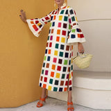 Pattern Print Women Summer Vacation Off Shoulder Dress Sexy Loose Hem Maxi Dress Retro Boho Ruffle Sleeve Long A-Line