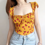Sweetheart Tie Neck Top With Hollow Out Back In Yellow Floral