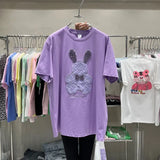 Pure Cotton Purple Crystal Diamonds Rabbit Embroidery Cute T Shirts Kawaii Women Girls Loose Casual Tops Korean