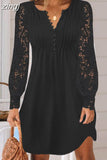 Mini Dress Women Summer Elegant Dress Female Fashion O Neck Button Dress Ladies Lace Hollow Out Long Sleeve