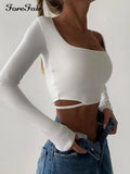Autumn Square Neck White Long Sleeve Top Crop Sexy Women Cut Out Skinny Solid 2022 Casual Basic T Shirts Summer