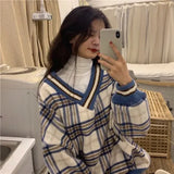Hoodie Plaid Print Sweatshirt Pullovers V-Neck Long Sleeve Top Women Loose Korean Fashion Clothing Harajuku