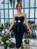 New Summer Women Strapless Bodycon Bandage Dress Sexy Sleeveless Ruffles Hollow Out Celebrity Evening Party Midi