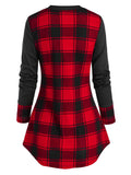 Sleeve Plaid Print Lace-up T-shirt Women Plaid Sweater Shirt Cowl Neck Form Fitting Casual Tunic Top Blouse