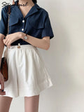 Women's Summer Shorts Wide Leg Black Casual Cotton Solid Elastic High Waist Cargo Shorts Women Oversized Summer