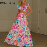 Women All Over Print Floral Pattern Crop Top Hollow Out Ruffles Sexy Maxi Vacation Skirt