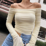 Mesh Patchwork Women Long Sleeve Crop T Shirt Ruched Off Shoulder Bodycon Sexy Elegant Streetwear Spring