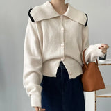 Fashion Women Sweaters Sweet Patchwork Ruffled Knitted Sweater Vintage Peter Pan Collar Pull Femme Winter Pullovers