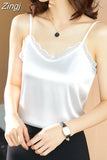 Silk Women Blouses Tops Woman Satin Lace Blouse Shirts Women Sleeveless V-neck Shirt Top 2023 Woman White Top