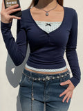 Y2K Vintage Korean Long Sleeve Tee Shirts Slim Lace Patched Basic Cute Female T shirt Bow Casual Crop Tops