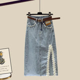 Outfits For Women 2023 Fashion Boho Knitted Vest+long Sleeve Sunscreen Blouse+side Split Pearl Beading Denim Skirts