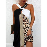 Autumn Halter Neck Leopard Mini Dress Sexy Vintage Vestidos De Fiesta Patchwork Print Sleeveless Beach Casual Dress