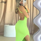 Hem Slit Open Back Suspender Dresses for Women 2022 New Casual Spaghetti Strap Skinny Solid Color Pit Strip Long Knit