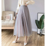 Tulle Skirts Women High Waist Mesh Pleated Midi Skirt Korean Fashion Female Elegant Loose Casual All Match A Line