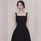 New Arrivals Summer Office Lady Sling Square Neck Retro temperament Backless Women Party Club A Line Midi Black
