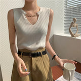 Summer V-Neck Knit Slim Tank Top Female Solid Casual Sleeveless Camisole Crop Top